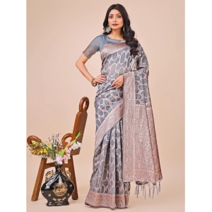 Generic Women's Linen Cotton Printed Saree With Unstitched Blouse 5.5Mtr (Grey)