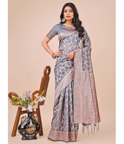 Generic Women's Linen Cotton Printed Saree With Unstitched Blouse 5.5Mtr (Grey)