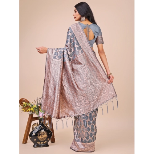 Women's Linen Cotton Printed Saree With Unstitched Blouse 5.5Mtr (Grey) Women's Linen Cotton Printed Saree With Unstitched Blouse 5.5Mtr (Grey)