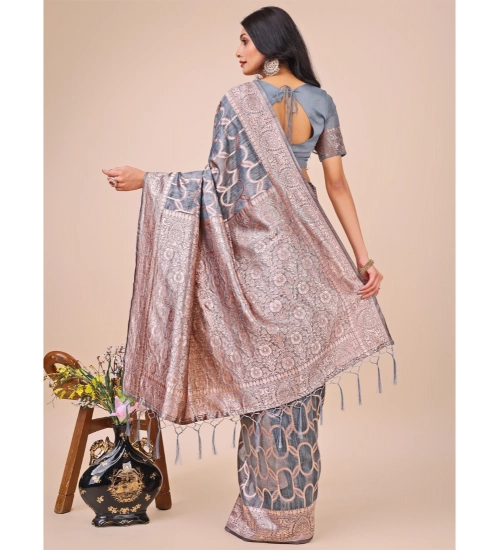 Generic Women's Linen Cotton Printed Saree With Unstitched Blouse 5.5Mtr (Grey)