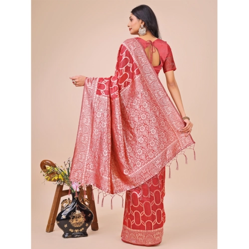 Women's Linen Cotton Printed Saree With Unstitched Blouse 5.5Mtr (Red)