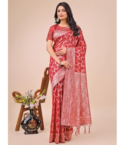 Generic Women's Linen Cotton Printed Saree With Unstitched Blouse 5.5Mtr (Red)