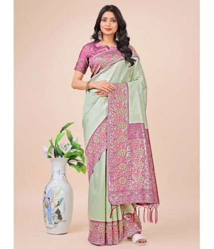 Generic Women's Lichi Silk Printed Saree With Unstitched Blouse 5.5Mtr (Olive Green)