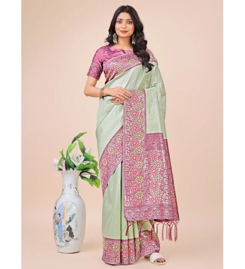 Generic Women's Lichi Silk Printed Saree With Unstitched Blouse 5.5Mtr (Olive Green)