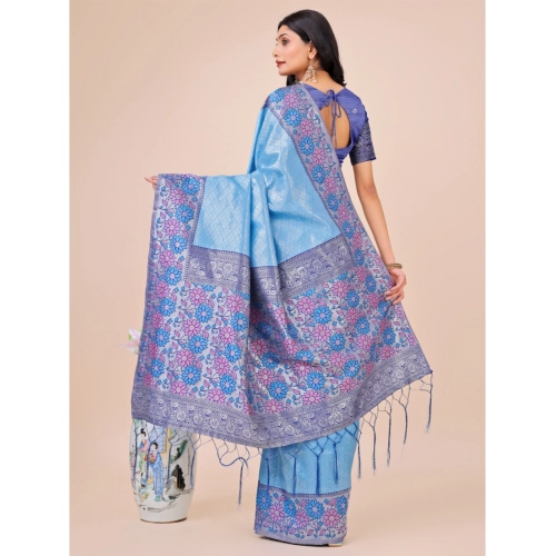Women's Lichi Silk Printed Saree With Unstitched Blouse 5.5Mtr (Sky Blue) Women's Lichi Silk Printed Saree With Unstitched Blouse 5.5Mtr (Sky Blue)