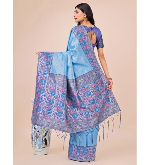 Generic Women's Lichi Silk Printed Saree With Unstitched Blouse 5.5Mtr (Sky Blue)