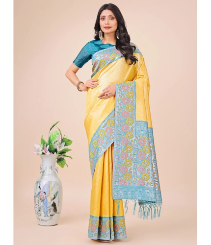 Generic Women's Lichi Silk Printed Saree With Unstitched Blouse 5.5Mtr (Yellow)