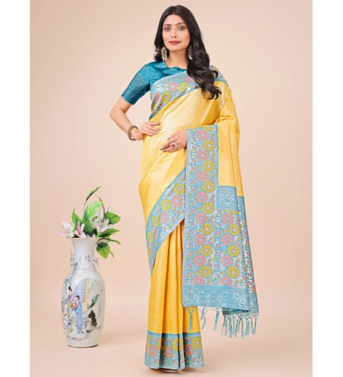 Generic Women's Lichi Silk Printed Saree With Unstitched Blouse 5.5Mtr (Yellow)