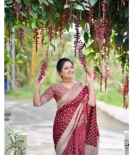 Generic Women's Silk Printed Saree With Unstitched Blouse 5.5Mtr (Maroon)