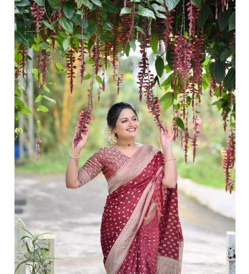 Generic Women's Silk Printed Saree With Unstitched Blouse 5.5Mtr (Maroon)