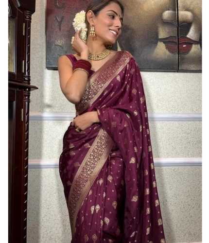 Generic Women's Silk Printed Saree With Unstitched Blouse 5.5Mtr (Wine)