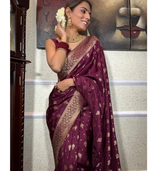 Generic Women's Silk Printed Saree With Unstitched Blouse 5.5Mtr (Wine)