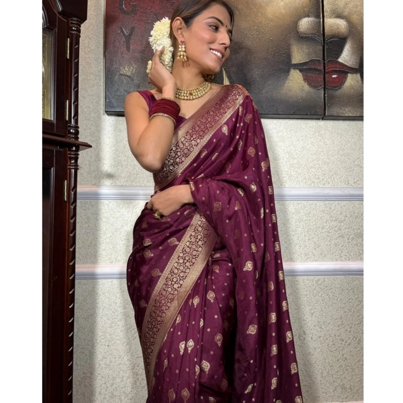 Women's Silk Printed Saree With Unstitched Blouse 5.5Mtr (Wine) Women's Silk Printed Saree With Unstitched Blouse 5.5Mtr (Wine)