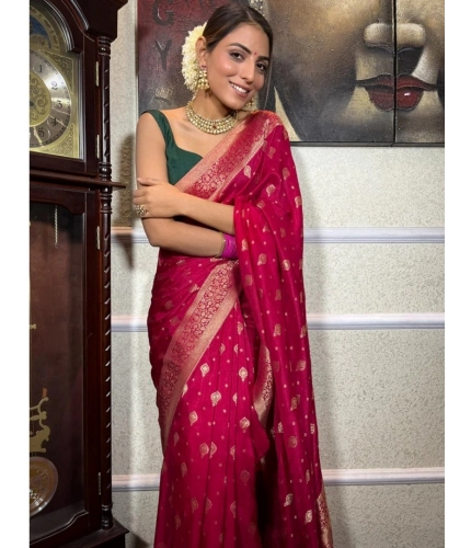 Generic Women's Silk Printed Saree With Unstitched Blouse 5.5Mtr (Rani Pink)