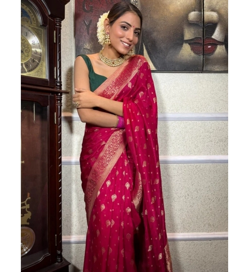 Generic Women's Silk Printed Saree With Unstitched Blouse 5.5Mtr (Rani Pink)