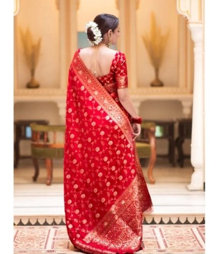 Generic Women's Silk Printed Saree With Unstitched Blouse 5.5Mtr (Red)