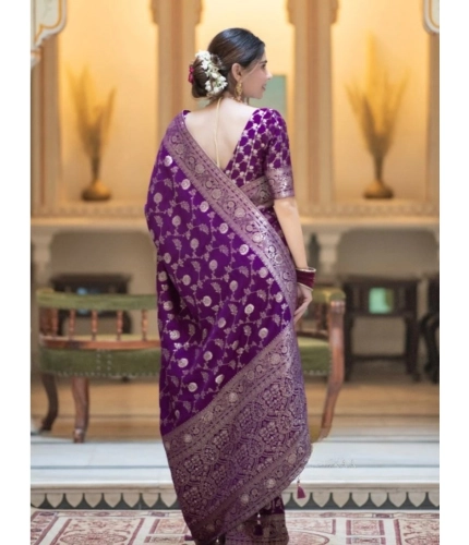 Generic Women's Silk Printed Saree With Unstitched Blouse 5.5Mtr (Purple)