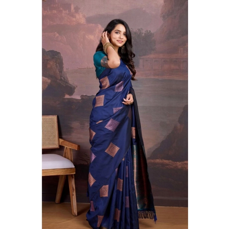 Women's Silk Printed Saree With Unstitched Blouse 5.5Mtr (Navy Blue)