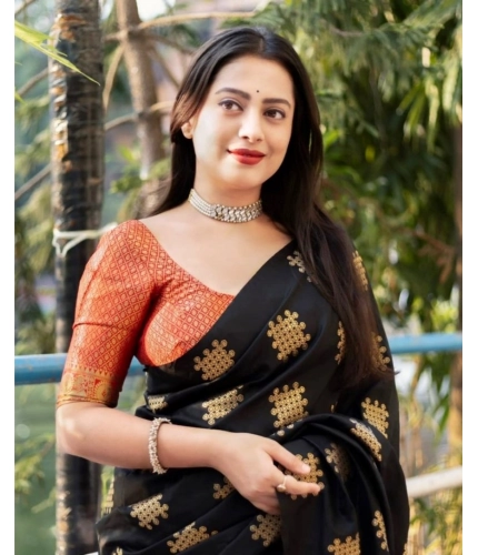 Generic Women's Silk Printed Saree With Unstitched Blouse 5.5Mtr (Blacl-Orange) Generic Women's Silk Printed Saree With Unstitched Blouse 5.5Mtr (Blacl-Orange)