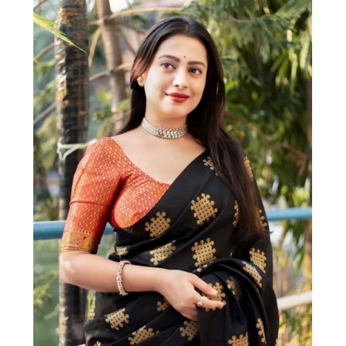 Women's Silk Printed Saree With Unstitched Blouse 5.5Mtr (Blacl-Orange) Women's Silk Printed Saree With Unstitched Blouse 5.5Mtr (Blacl-Orange)