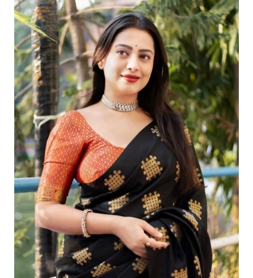 Generic Women's Silk Printed Saree With Unstitched Blouse 5.5Mtr (Blacl-Orange)