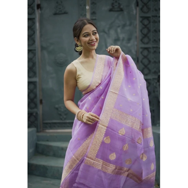 Women's Cotton  Printed Saree With Unstitched Blouse 5.5Mtr (Lavender)