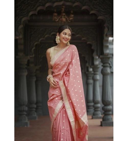 Generic Women's Cotton  Printed Saree With Unstitched Blouse 5.5Mtr (Peach)