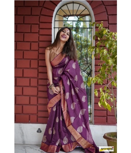 Generic Women's Silk Printed Saree With Unstitched Blouse 5.5Mtr (Purple)