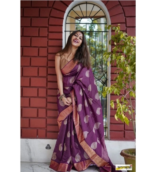 Generic Women's Silk Printed Saree With Unstitched Blouse 5.5Mtr (Purple)