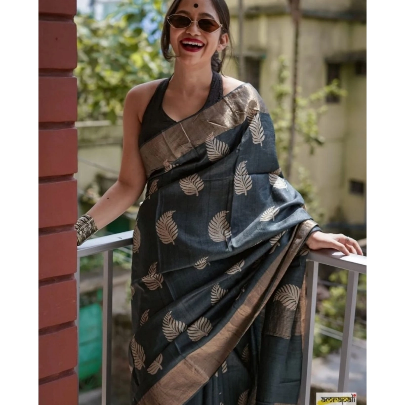 Women's Silk Printed Saree With Unstitched Blouse 5.5Mtr (Black)