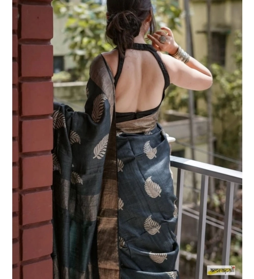 Generic Women's Silk Printed Saree With Unstitched Blouse 5.5Mtr (Black)