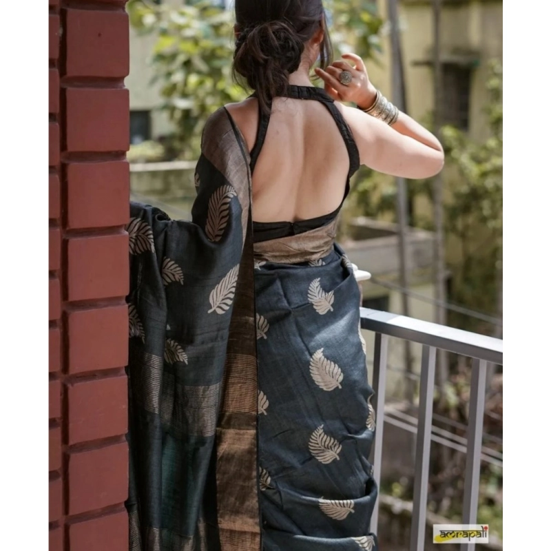 Women's Silk Printed Saree With Unstitched Blouse 5.5Mtr (Black)