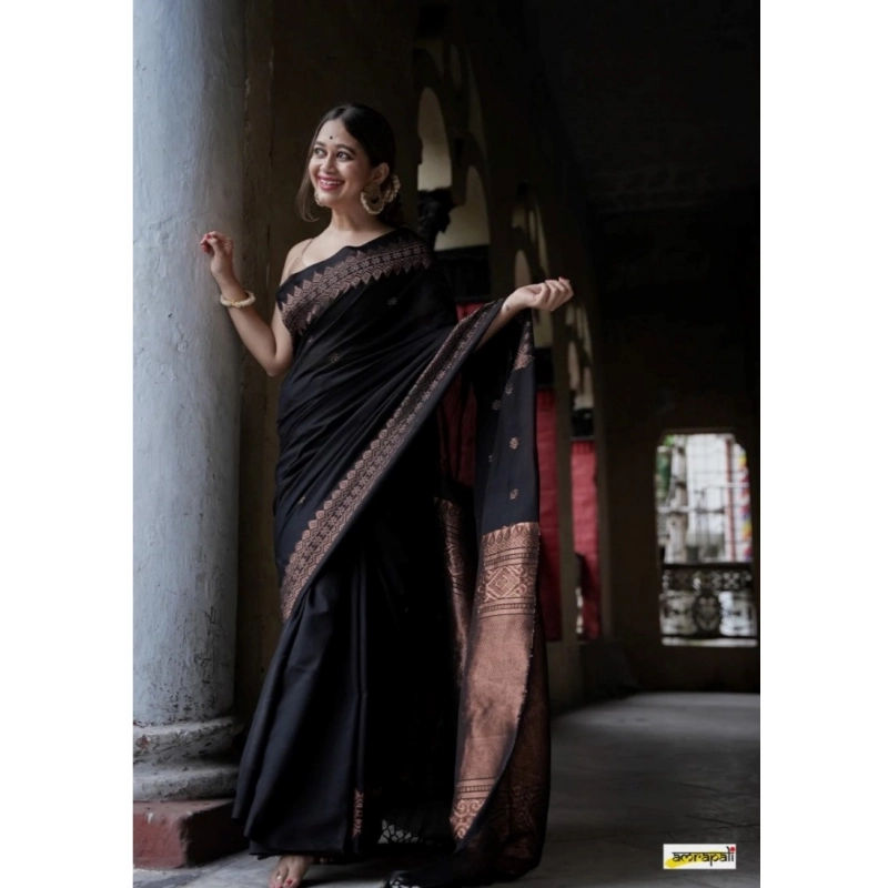 Women's Silk Printed Saree With Unstitched Blouse 5.5Mtr (Black)