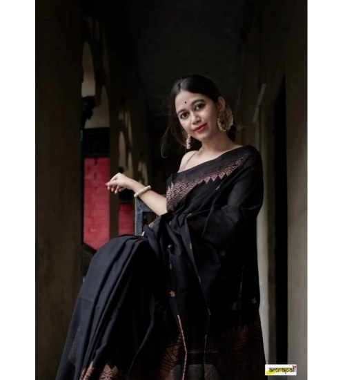 Generic Women's Silk Printed Saree With Unstitched Blouse 5.5Mtr (Black)