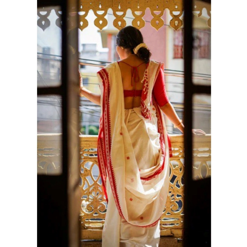 Women's Cotton  Printed Saree With Unstitched Blouse 5.5Mtr (White)