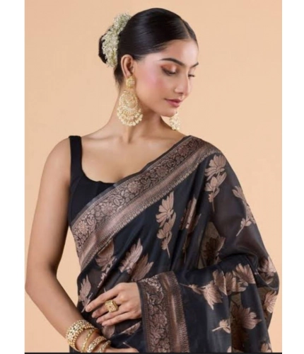 Generic Women's Silk Printed Saree With Unstitched Blouse 5.5Mtr (Black)