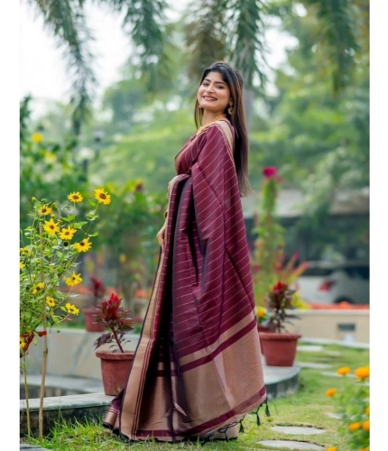 Generic Women's Silk Printed Saree With Unstitched Blouse 5.5Mtr (Maroon)
