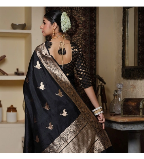 Generic Women's Silk Printed Saree With Unstitched Blouse 5.5Mtr (Black)