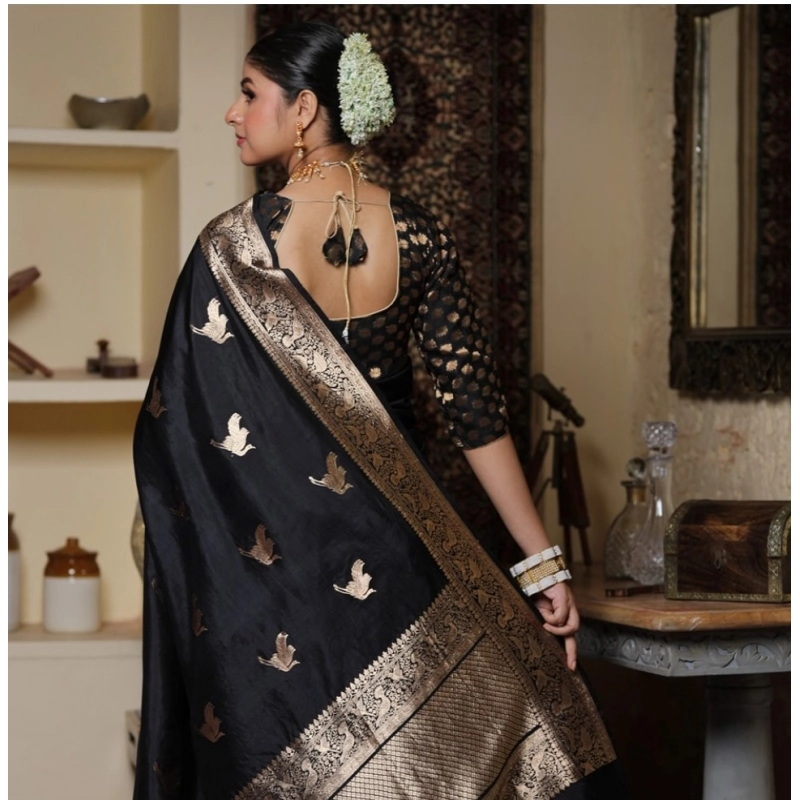 Women's Silk Printed Saree With Unstitched Blouse 5.5Mtr (Black)