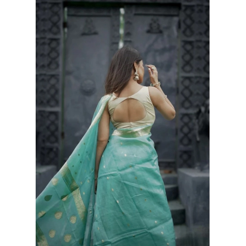 Women's Cotton  Printed Saree With Unstitched Blouse 5.5Mtr (Sky)