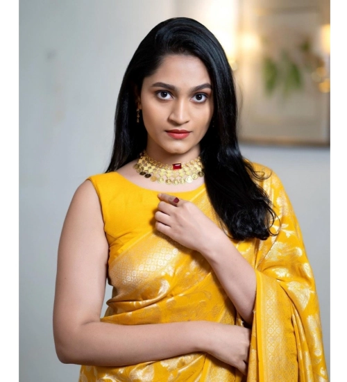 Generic Women's Silk Printed Saree With Unstitched Blouse 5.5Mtr (Yellow)