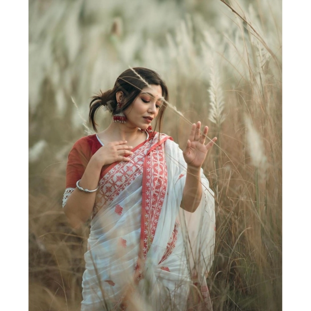 Generic Women's Cotton Printed Saree With Unstitched Blouse 5.5Mtr (White-Red) Generic Women's Cotton Printed Saree With Unstitched Blouse 5.5Mtr (White-Red)