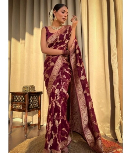 Generic Women's Silk Printed Saree With Unstitched Blouse 5.5Mtr (Maroon)