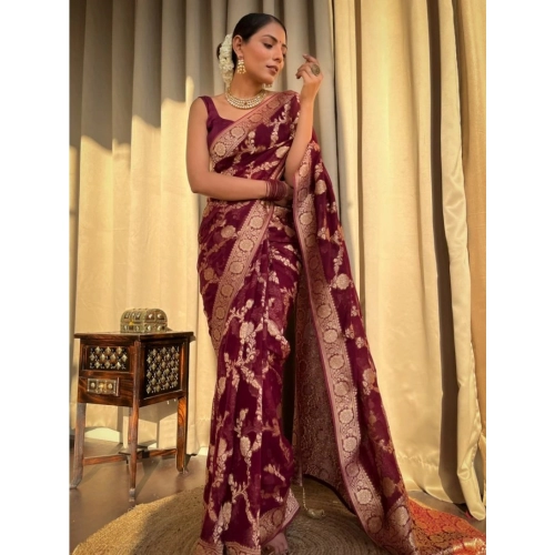 Women's Silk Printed Saree With Unstitched Blouse 5.5Mtr (Maroon) Women's Silk Printed Saree With Unstitched Blouse 5.5Mtr (Maroon)