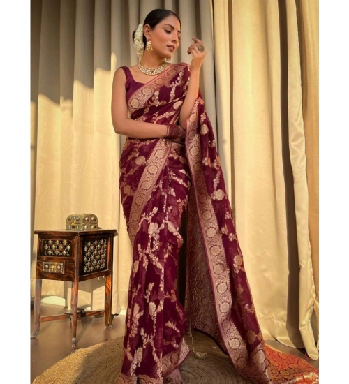 Generic Women's Silk Printed Saree With Unstitched Blouse 5.5Mtr (Maroon)