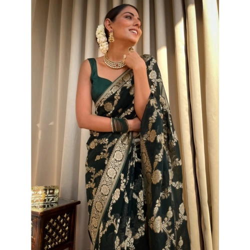 Women's Silk Printed Saree With Unstitched Blouse 5.5Mtr (Dark Green) Women's Silk Printed Saree With Unstitched Blouse 5.5Mtr (Dark Green)