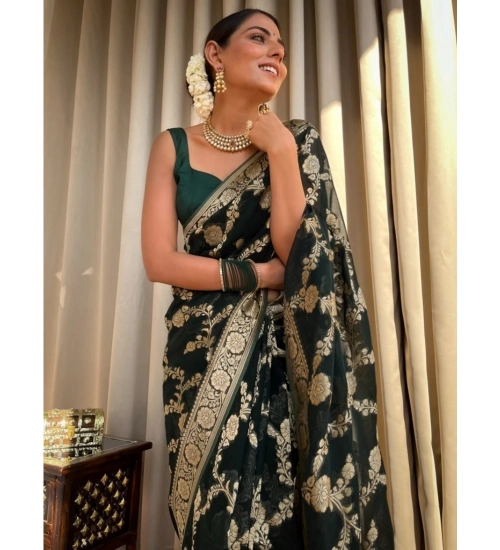 Generic Women's Silk Printed Saree With Unstitched Blouse 5.5Mtr (Dark Green)
