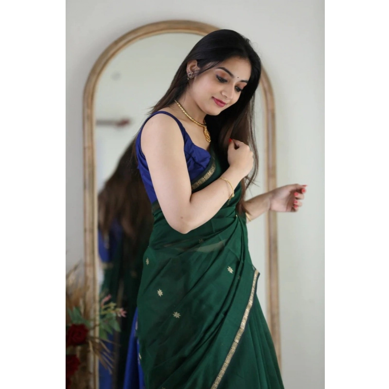 Women's Cotton  Printed Saree With Unstitched Blouse 5.5Mtr (Green)