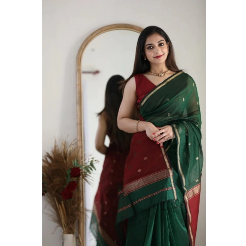 Women's Cotton  Printed Saree With Unstitched Blouse 5.5Mtr (Dark Green)