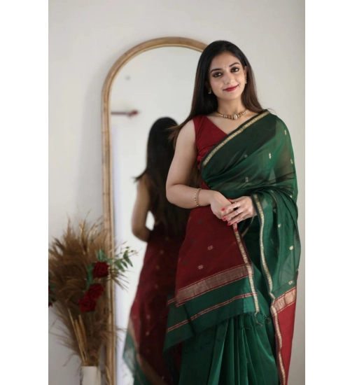 Generic Women's Cotton  Printed Saree With Unstitched Blouse 5.5Mtr (Dark Green)